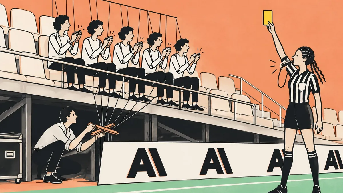 Un arbitre de football siffle une nuée de petites marionnettes identiques qui applaudissent dans une tribune vide, devant un panneau peint du logo Anthropic.
