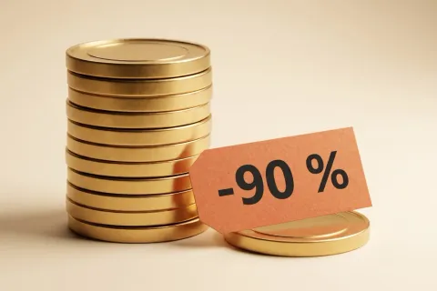 Encart de carrousel : une pile de pièces et une étiquette « −90 % »