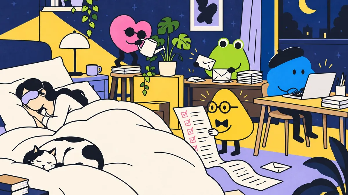Dessin au trait : la nuit, dans un bureau vide, trois petites mascottes rondes Dots continuent de trier des dossiers et de taper sur un clavier, à côté d’une lampe dont l’abat-jour porte le logo OpenAI.