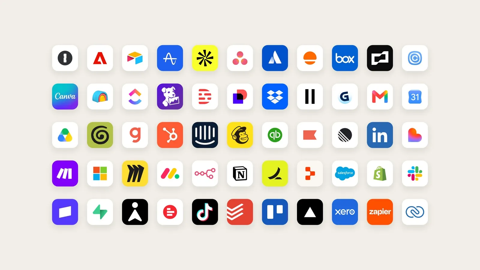 Les icônes des applications compatibles avec Claude Duet, sur fond clair : Gmail, Slack, Canva, HubSpot, Shopify, Notion, Zapier et d’autres.