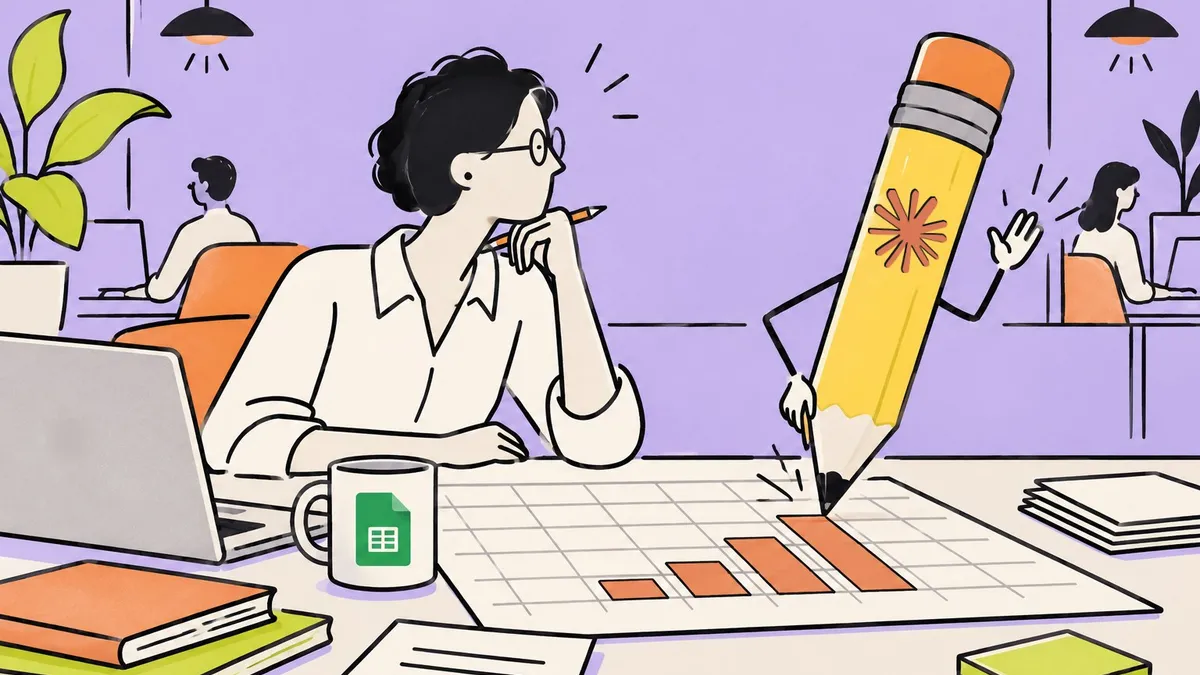 Une employée de bureau partage sa longue table de travail avec un petit assistant orange qui tient un stylo, au milieu de feuilles de calcul et de diapositives imprimées.