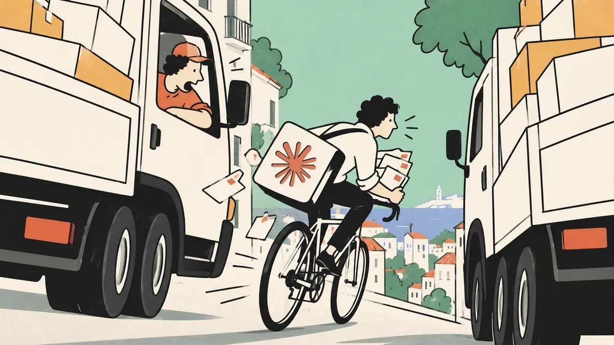 Un petit coursier à vélo, sacoche brodée du logo Claude, dépasse en souriant deux gros camions de livraison coincés dans une rue.