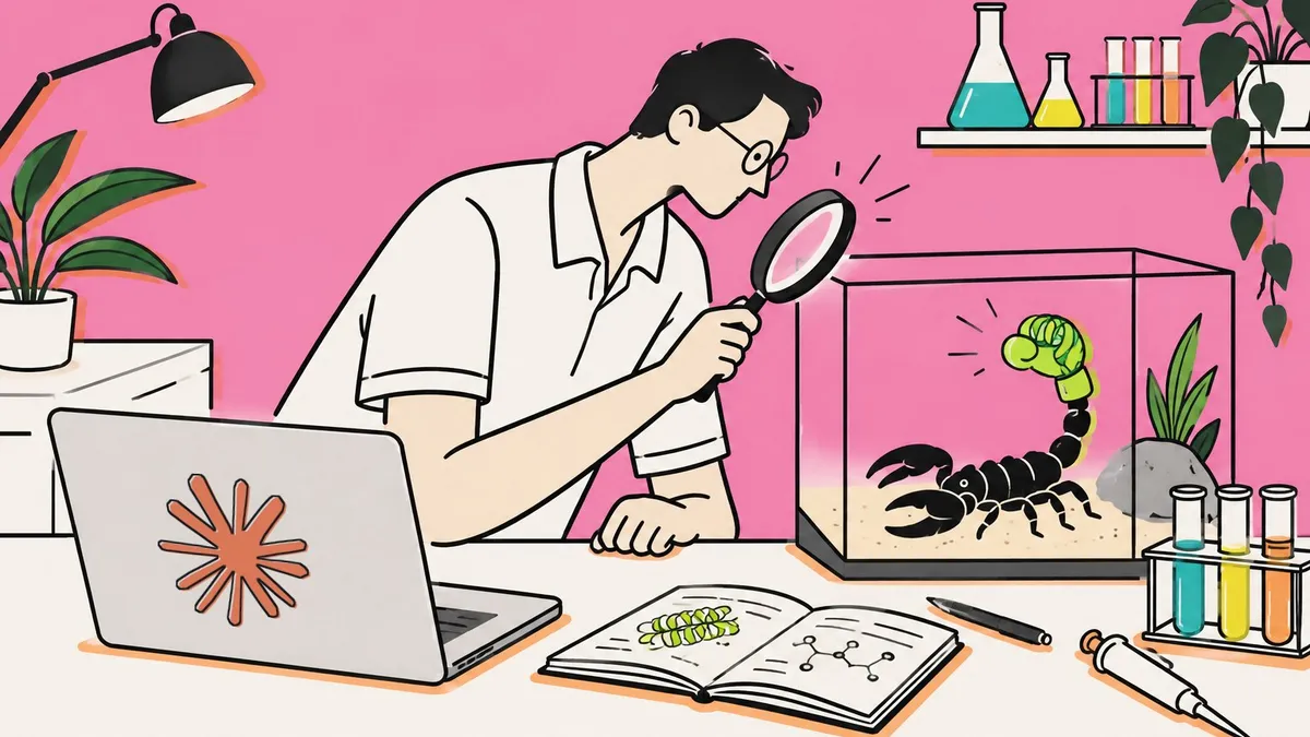Dessin au trait : dans un laboratoire rose, un scientifique observe à la loupe un scorpion boudeur qui porte un petit gant de boxe au bout de la queue, près d’un ordinateur portable marqué du logo Claude.