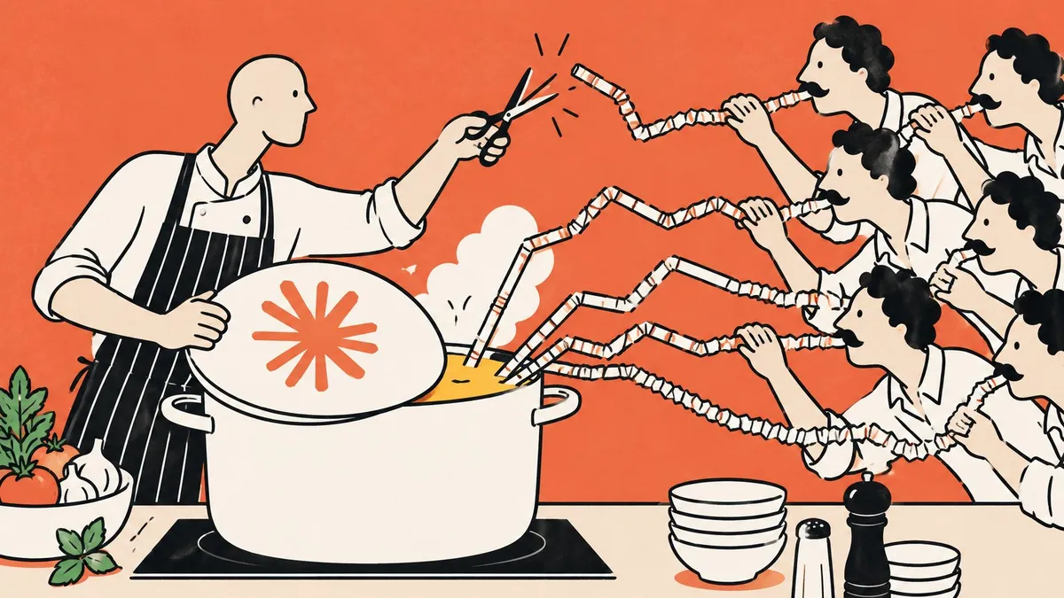 Dessin au trait : un cuisinier protège sa marmite pendant qu’une file de petits personnages tendent de très longues pailles vers la sauce.