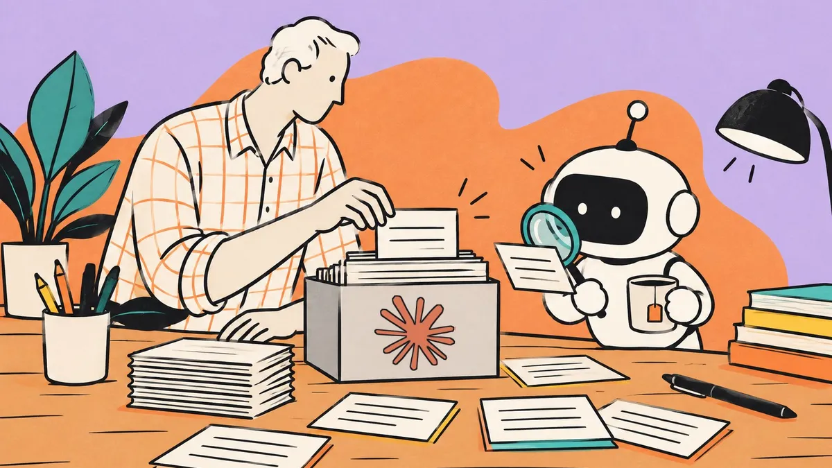 Dessin au trait : un homme range une fiche recette dans un classeur à fiches posé sur son bureau, pendant qu’un petit robot de bureau lit déjà la fiche précédente avec une loupe.