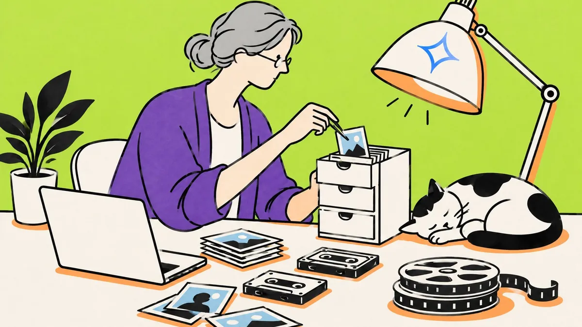 Une bibliothécaire range dans un minuscule meuble à tiroirs des photos, des cassettes et des bobines de film, sous une lampe dont l’abat-jour porte le logo Gemma.