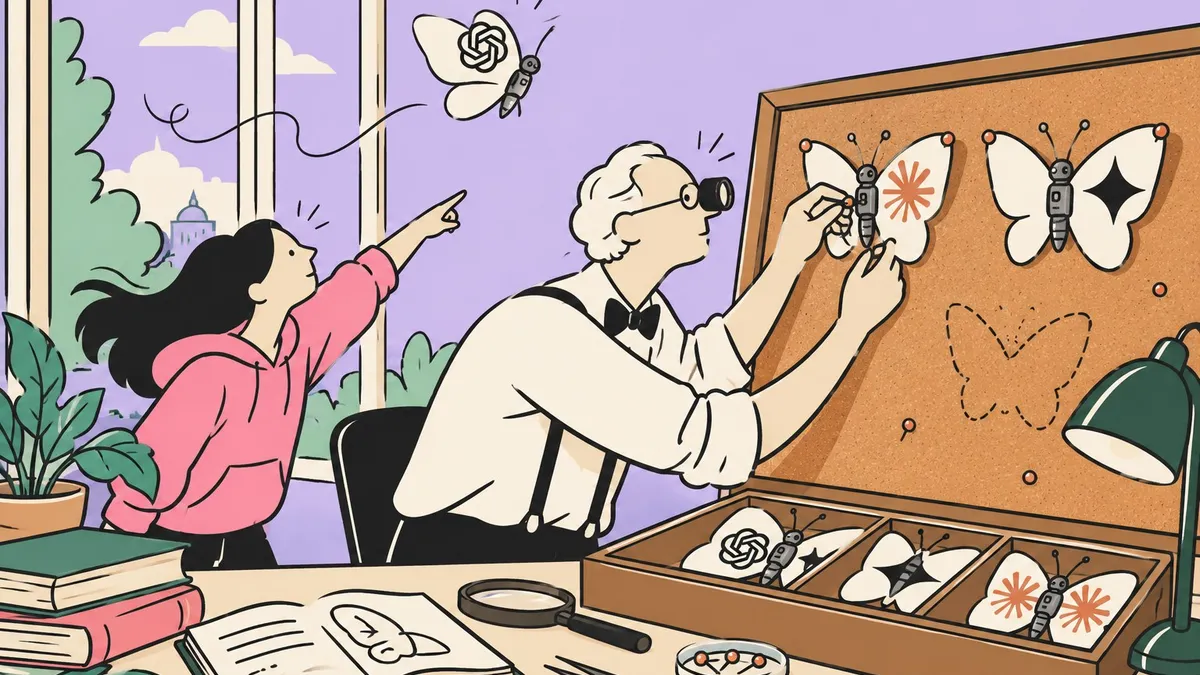Dessin au trait : un collectionneur épingle de petits papillons robots aux ailes peintes de logos d’IA, pendant que l’un d’eux s’échappe par la fenêtre.