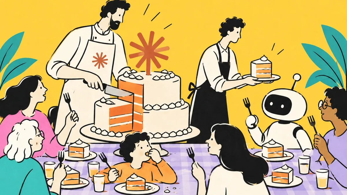 Dessin au trait : un pâtissier découpe un grand gâteau et fait porter une part vers une longue table commune.