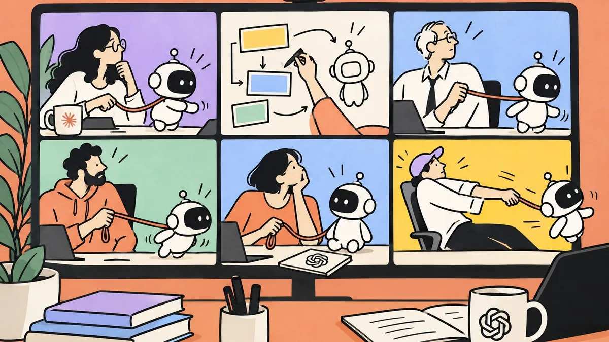 Dessin au trait : en visioconférence, une formatrice montre au tableau blanc comment tenir en laisse un petit robot de bureau, pendant que les participants, chacun dans sa fenêtre, essaient avec le leur.