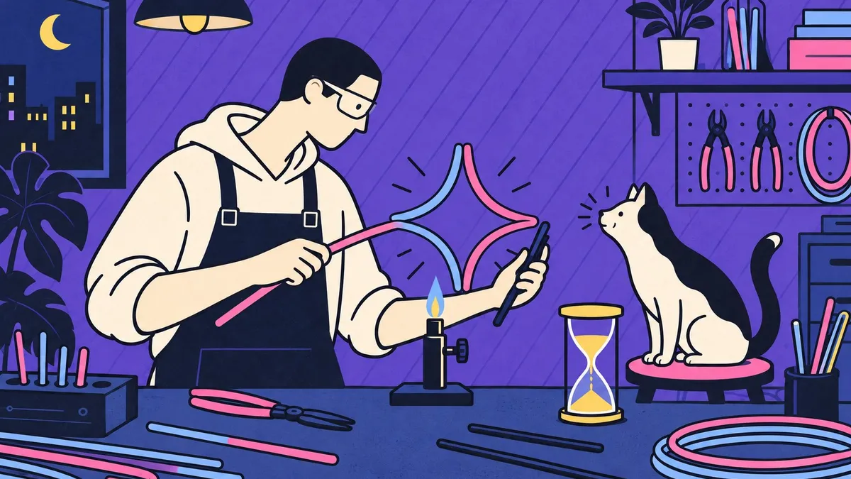 Dessin au trait : dans un atelier violet, une artisane règle un grand néon en forme d’étoile Gemini pendant que son chat, fasciné, le fixe depuis l’établi.