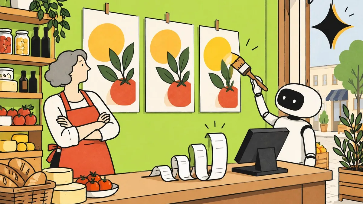 Dessin au trait : dans une petite boutique, une commerçante derrière son comptoir regarde un pinceau géant peindre seul ses affiches aux couleurs de sa marque, sous une enseigne en forme d’étoile Gemini.
