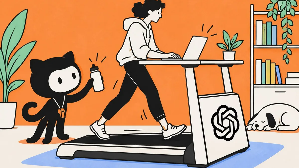 Dessin au trait : une développeuse en baskets court sur un tapis roulant de bureau en tapant sur son portable, tandis qu’une mascotte Octocat lui tend une gourde ; le logo OpenAI est peint sur le tapis roulant.