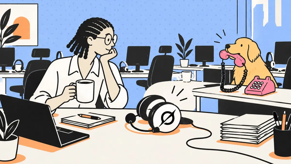 Dessin au trait : un casque de standardiste au logo de Grok répond seul sur un bureau pendant que la standardiste boit son café.