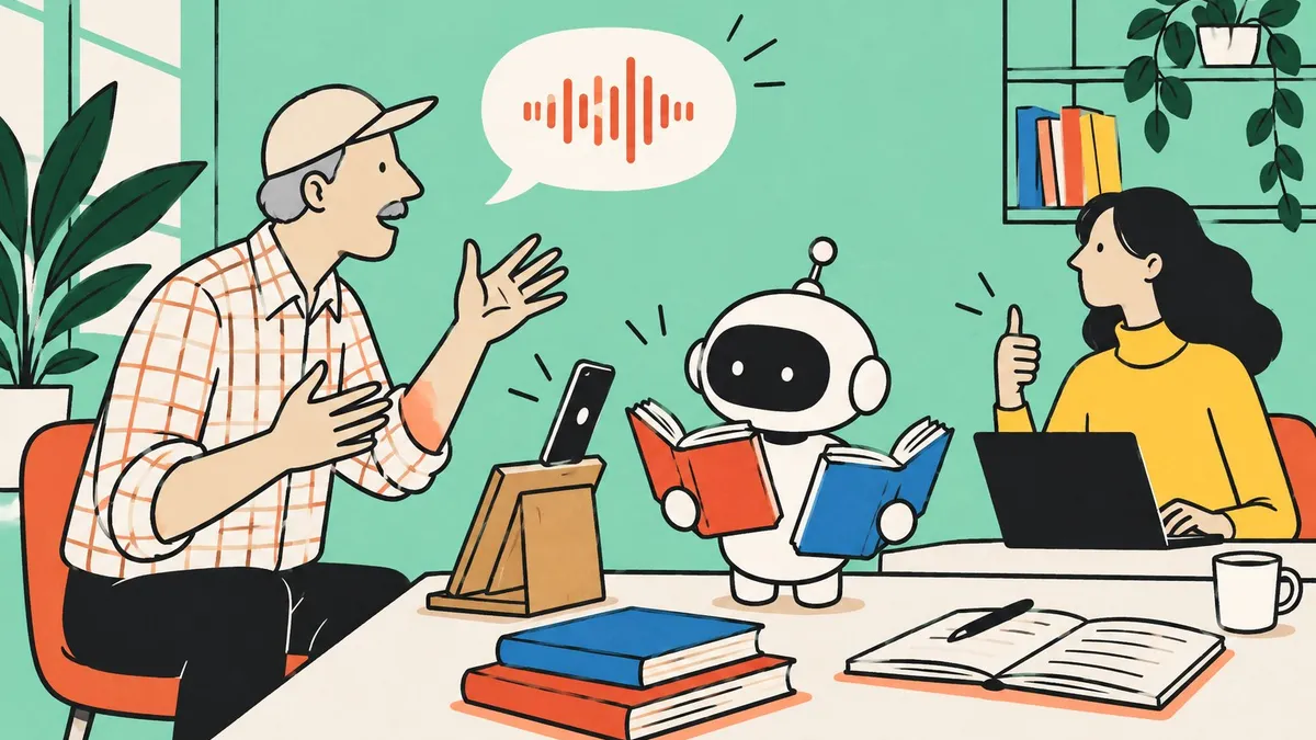 Dessin au trait : un homme dicte un message vocal à son téléphone posé sur un pupitre au logo de Jais, pendant qu’un petit robot jongle avec deux dictionnaires.