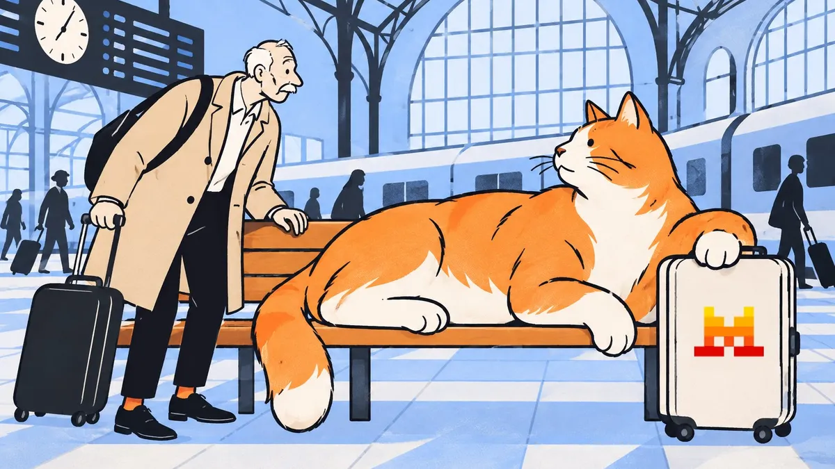 Un énorme chat roux confortablement installé dans un fauteuil de gare, à côté d’une valise brodée du logo Mistral.