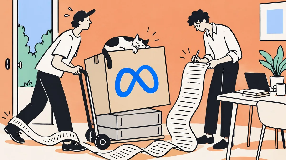 Dessin au trait : un livreur pousse un diable chargé de deux Mac Studio et d’un énorme carton au logo de Meta, pendant qu’une développeuse lit un contrat qui se déroule jusqu’au sol.