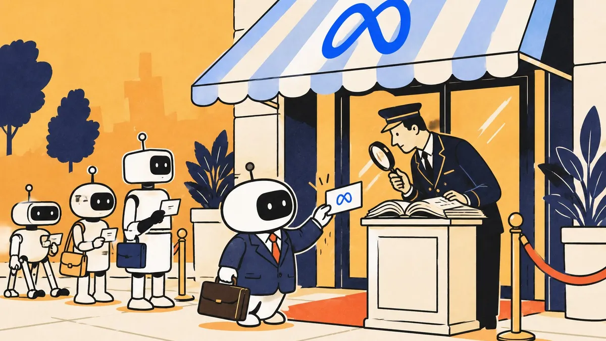 Un petit robot en costume tend une carte de visite à un portier d’immeuble qui consulte un registre, devant une porte dont l’auvent porte le logo Meta.