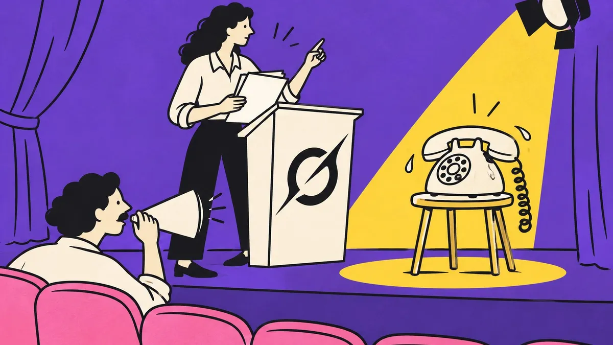 Dessin au trait : une metteuse en scène fait répéter un téléphone sur une scène de théâtre, pupitre au logo de Grok.
