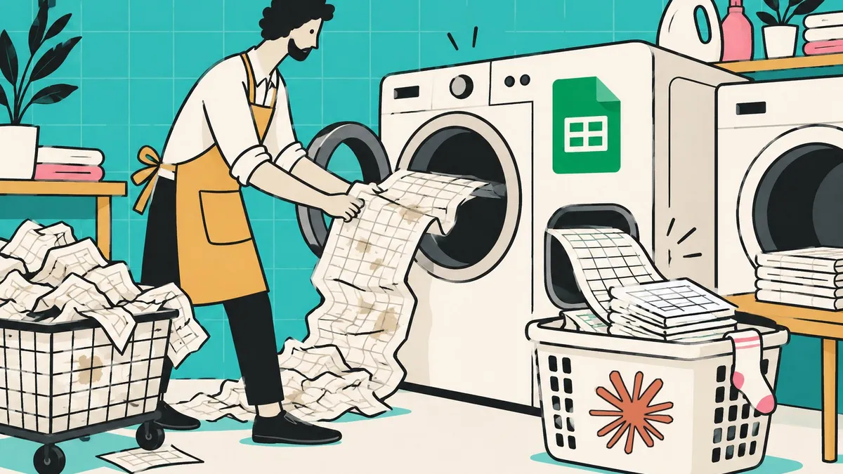 Un homme en tablier passe une longue bande de tableur dans une machine à laver vitrée, dont le hublot porte le logo de Google Sheets, et en ressort des cartes bien rangées.