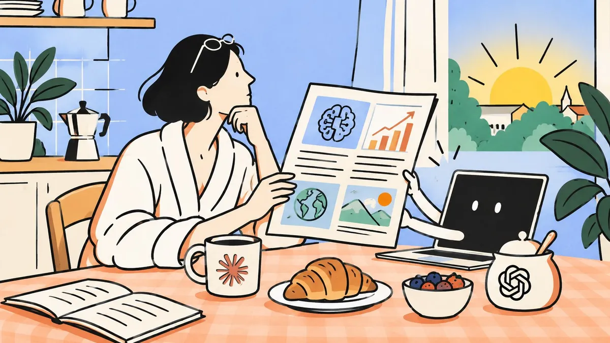 Dessin au trait : à la table du petit-déjeuner, une femme lit une feuille pliée comme un journal qu’un grand pot de confiture lui tend avec ses petits bras, une tasse de café fumante à côté.
