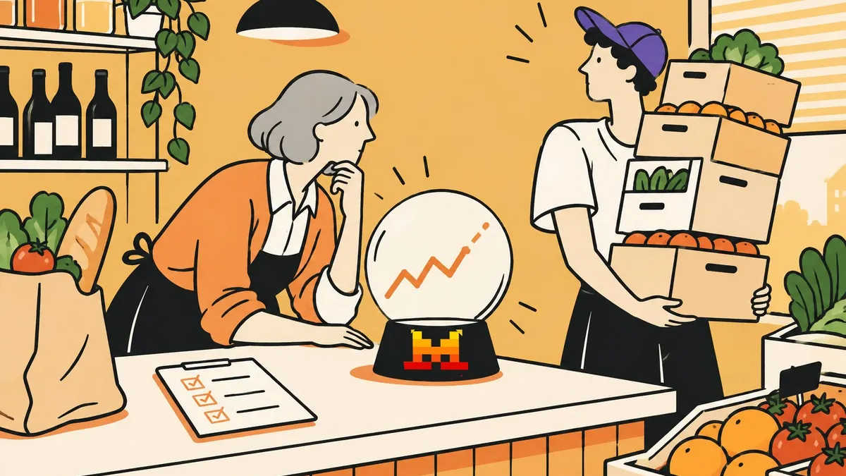 Dessin au trait : une gérante de boutique consulte une boule de cristal posée sur un socle au logo de Mistral, pendant qu’un livreur hésite avec sa pile de cartons.