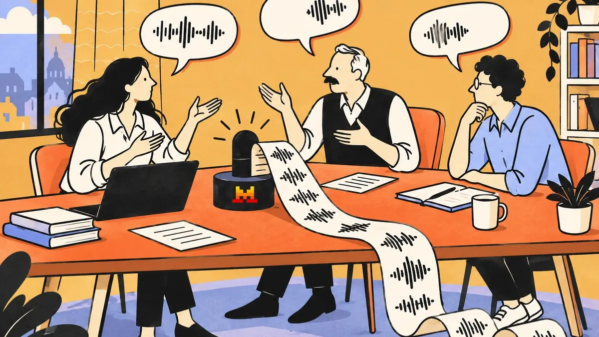 Dessin au trait : dans une salle de réunion, un micro de table peint du logo Mistral écrit lui-même le compte rendu sur un long rouleau de papier pendant que trois collègues discutent sans prendre de notes.
